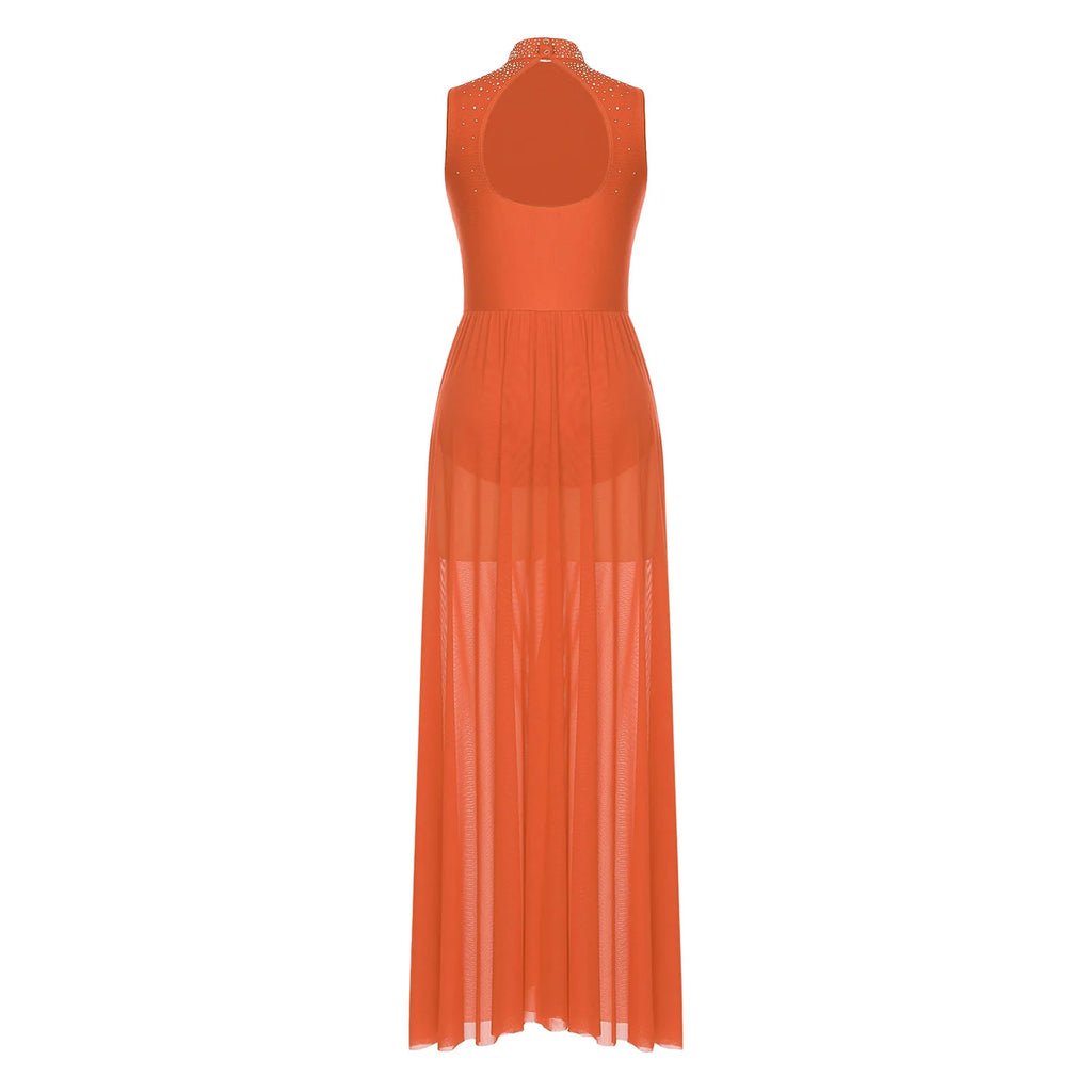 Womens Lyrical Dance Dresses Mock Neck Wide Hemline Shiny Rhinestones Maxi Dress Sleeveless Modern Contemporary Leotard Dresses