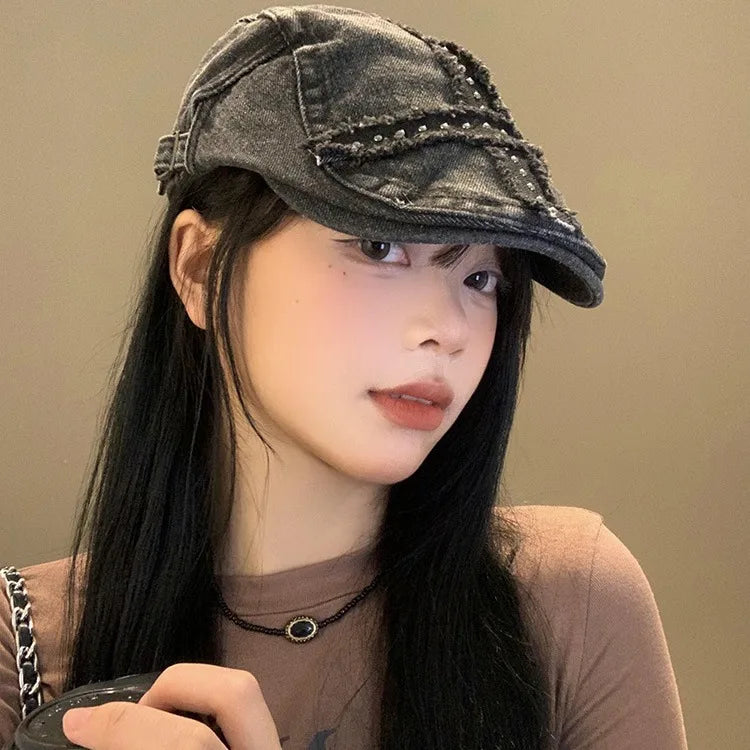 Girl's Blalck Hats Large Cap Retro Black Denim Riveted Washed Aged Beret American Hat Trend  Chapeau Vintage Hot Girl Y2k Hats