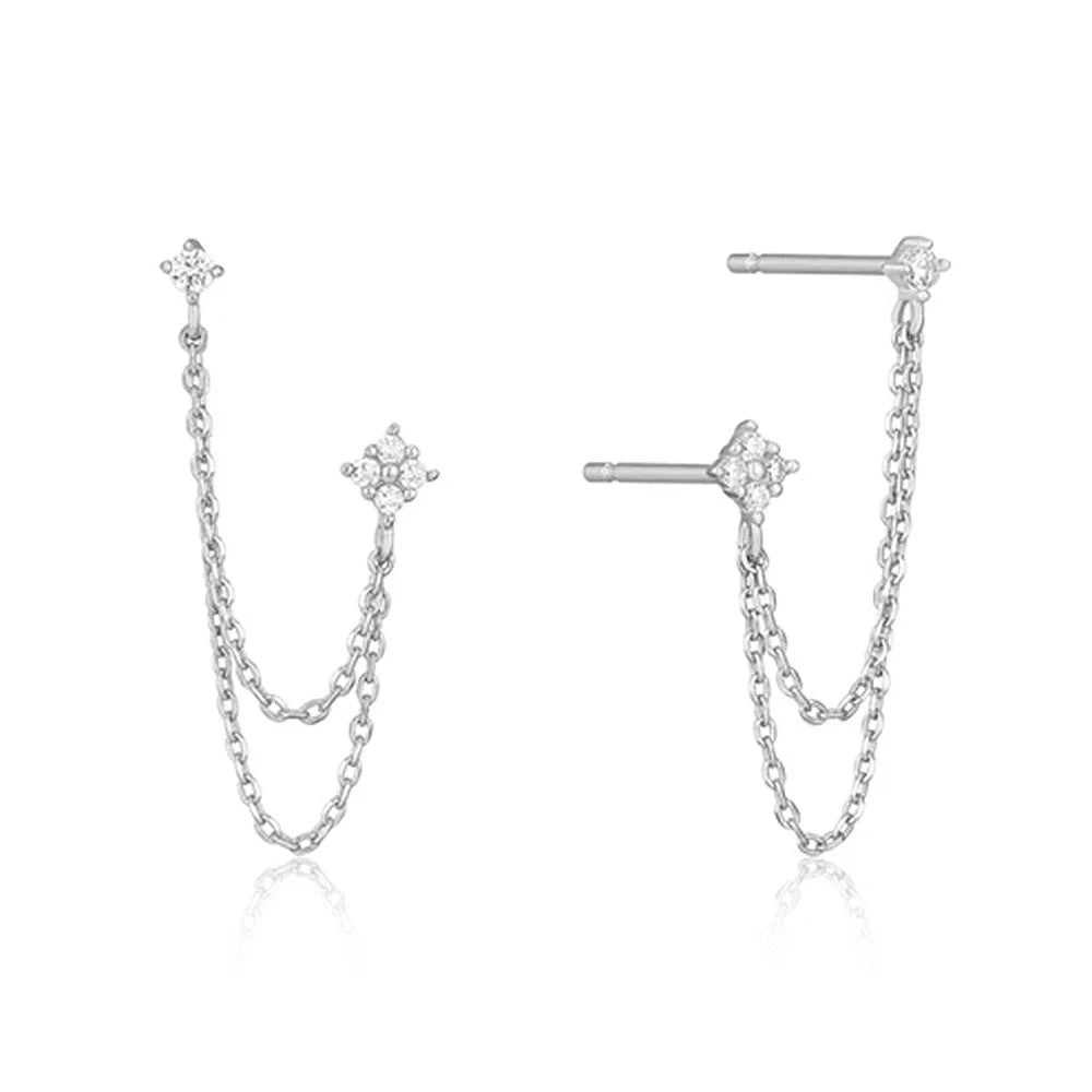 New Arrival Double Ear Studs Tassel Chains Hanging Earrings for Women Ear Piercing 3 Metal Color Luxury CZ Hot Jewelry