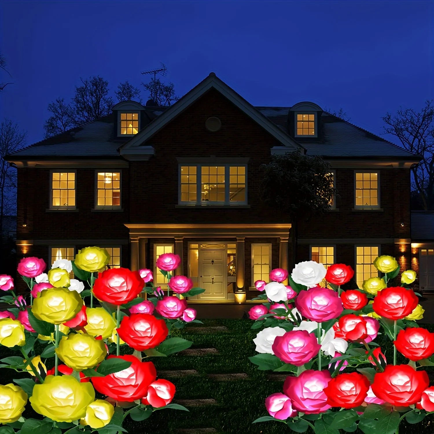 Garden Ground Light Solar Lawn Lamp LED Artificial 5 Head Rose Flower Holiday Summer Wedding Party Outdoor Yard Patio Decoration