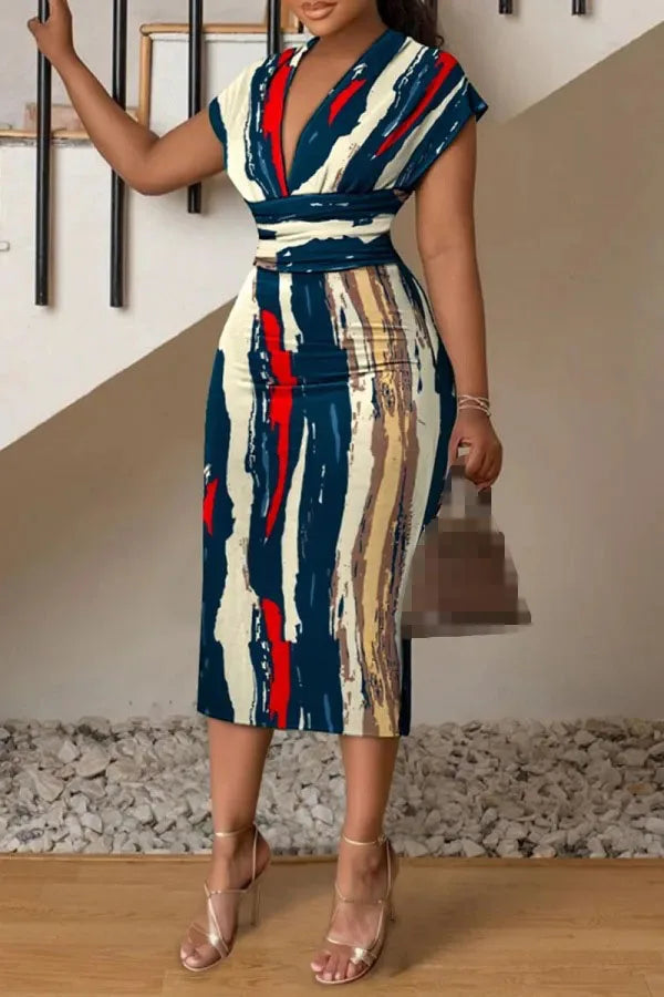 Dresses For Women Summer New V-neck Slim Hip-hugging Sexy Printed Women's Dress Office Mid-length Dress