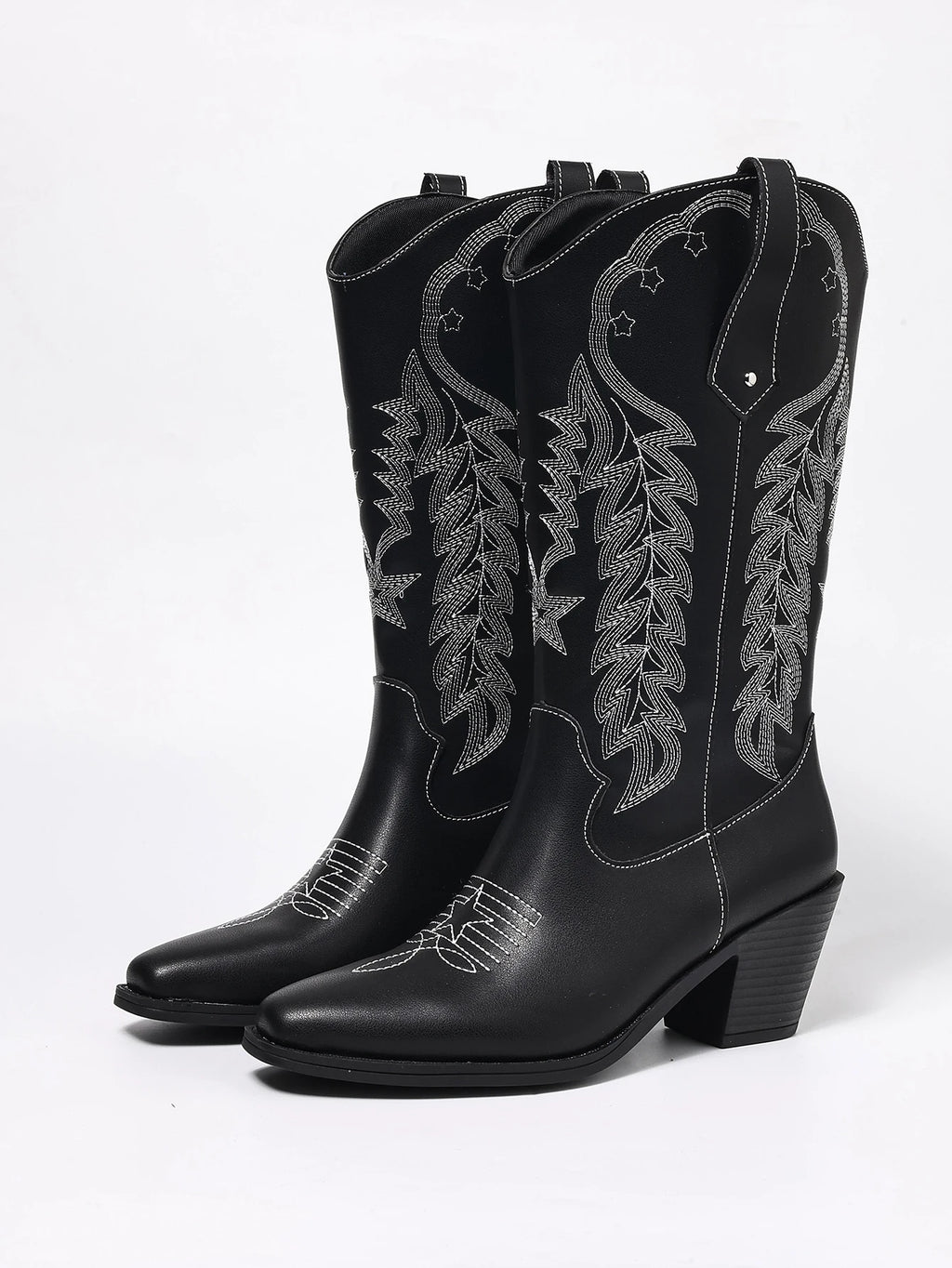 Black Embroidered Western Boots with Chunky Mid-Heel, Square Toe, Bohemian Style, European and American Style, Mid-Calf Boots, Versatile, Elegant, Suitable for Office, Commuting, Daily Wear, Vacation, Fashionable Women's Boot