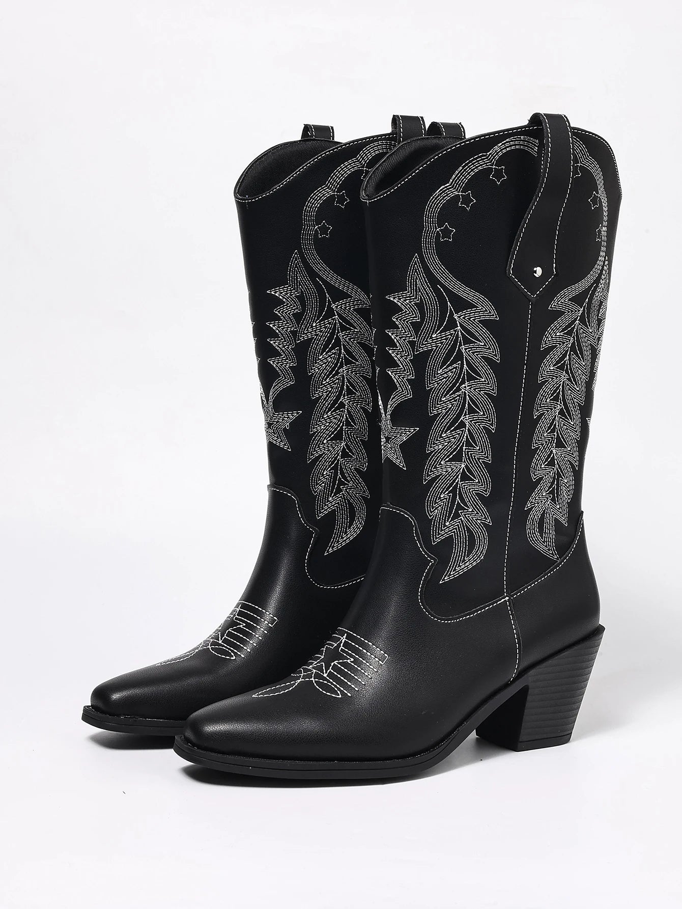 Black Embroidered Western Boots with Chunky Mid-Heel, Square Toe, Bohemian Style, European and American Style, Mid-Calf Boots, Versatile, Elegant, Suitable for Office, Commuting, Daily Wear, Vacation, Fashionable Women's Boot