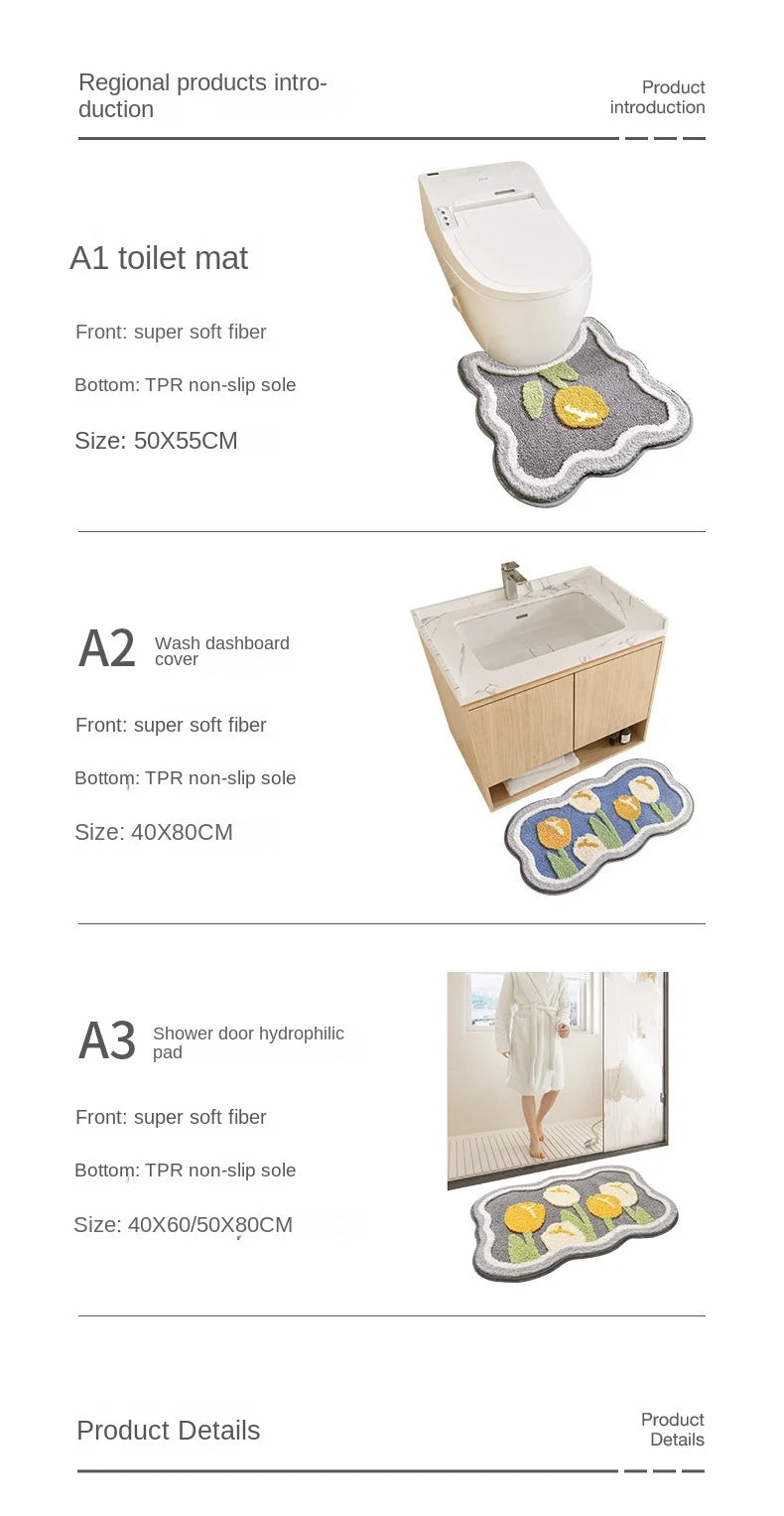 Bathroom Non-slip Mat 3-piece Set Modern Minimalist Flower Absorbent Floor Mat Thickened Bathroom Door Mat High Quality Bath Mat