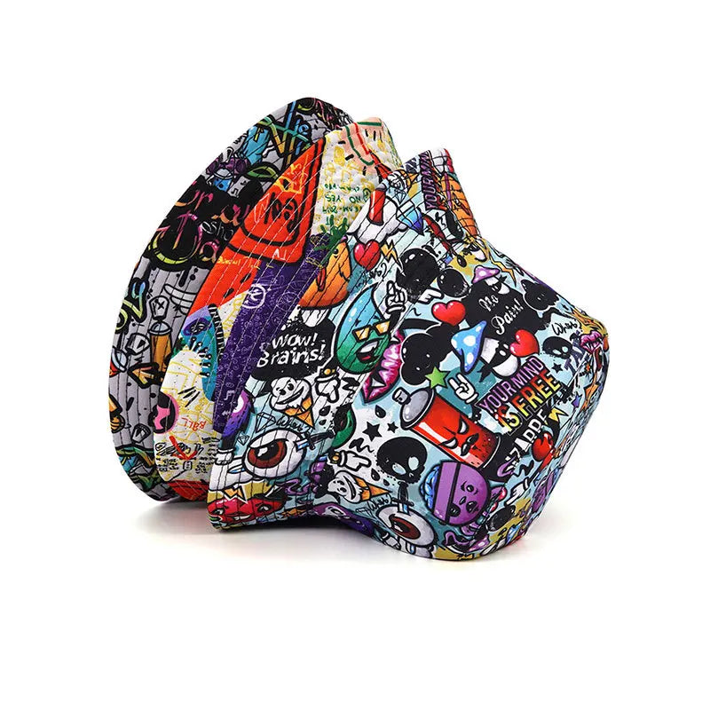 Double sided Outdoor Sun Hat Hip-Hop Cap Fishing Fisherman Graffiti Hat Men Women Animal Letter Print Panama Bucket Hats