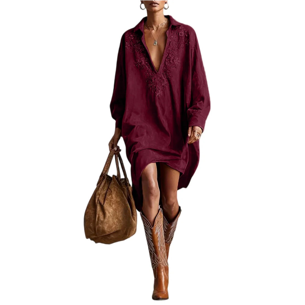 Dresses Womens Shirt Dress Terracotta Suede Embroidered High-Low Puff-Sleeve Bohemian Stylish Outfit Daily 2026 Trendy Vestido