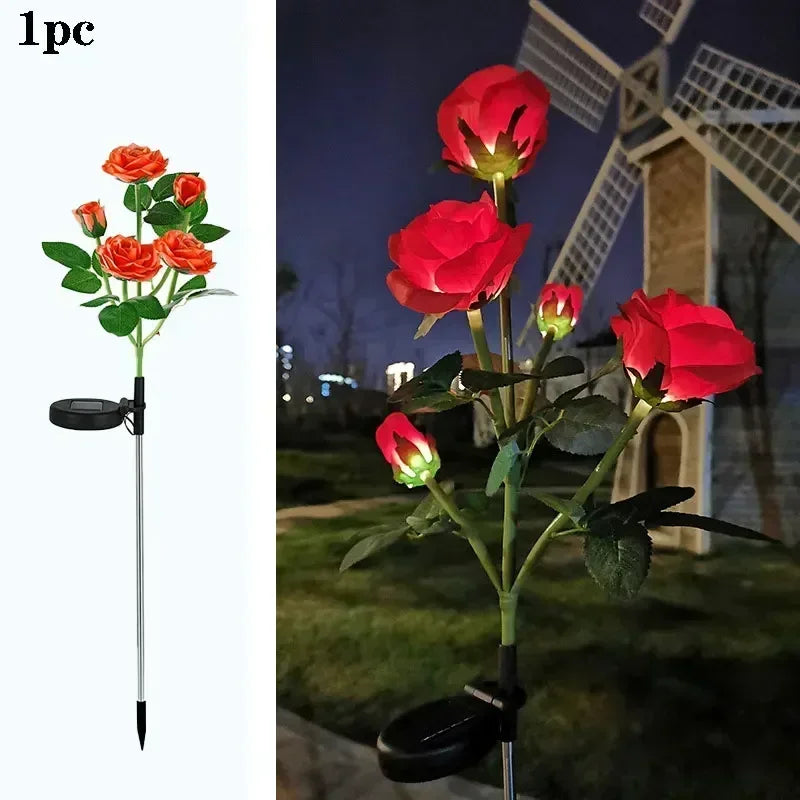 Garden Ground Light Solar Lawn Lamp LED Artificial 5 Head Rose Flower Holiday Summer Wedding Party Outdoor Yard Patio Decoration