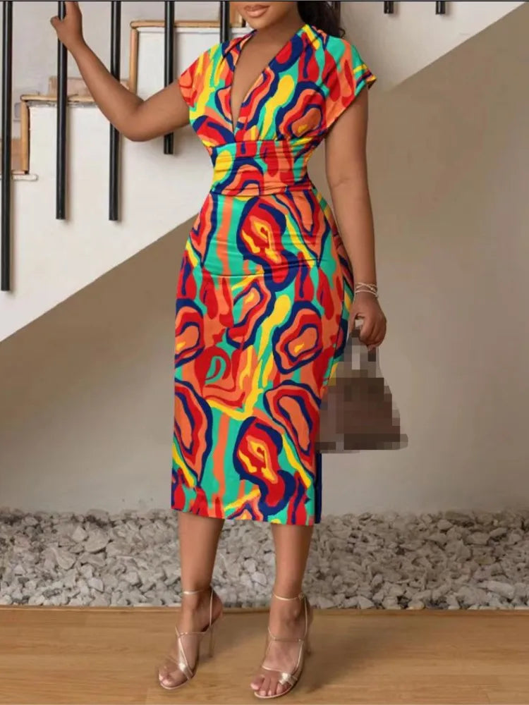 Dresses For Women Summer New V-neck Slim Hip-hugging Sexy Printed Women's Dress Office Mid-length Dress