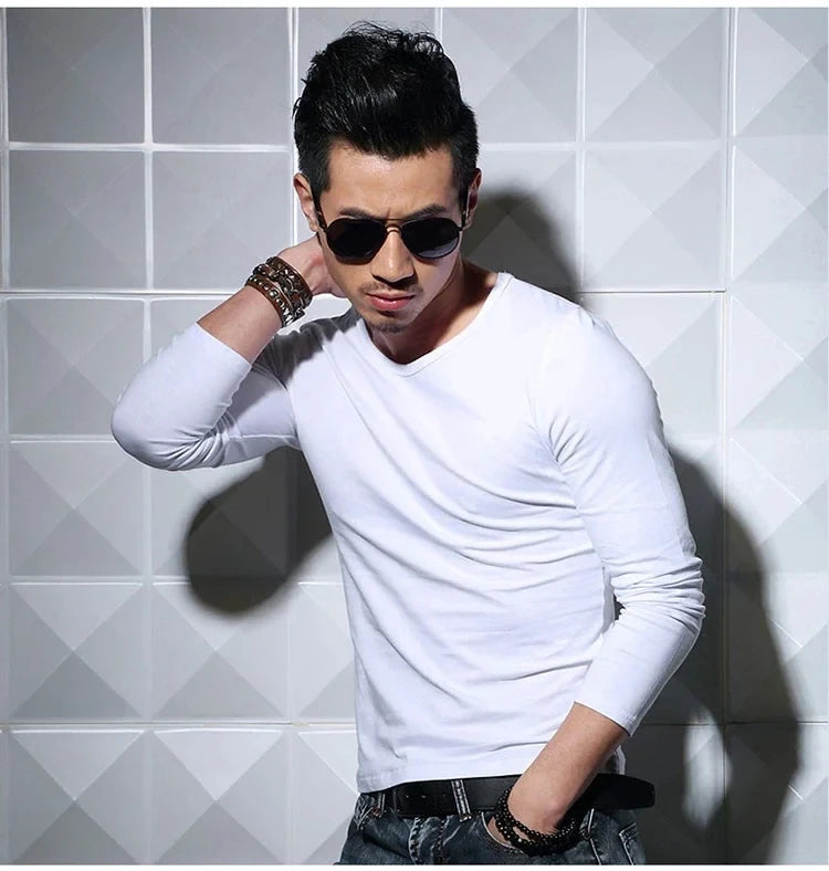 Men's T-Shirts Long Sleeve V Neck T Shirt 2025 MRMT Men Polyester T-Shirt Solid Color Slim Tight Man T Shirt For Male