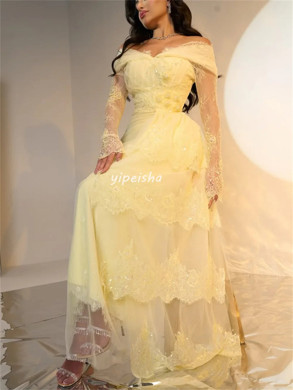 Customized Modern Style Intricate Lace Sequined Pleat Straight Off-the-shoulder Long Dresses Bespoke Occasion Dresses Fashion