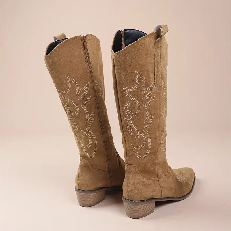 Embroidered Western Cowboy Boots for Women Autumn Pointed Toe Thick Heel High Knee Boots Woman Loose PU Leather Long Botas Mujer