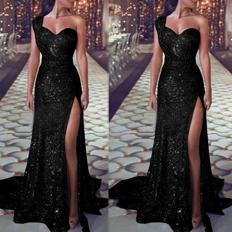 2026 Women's Wedding Party Dress Evening Elegant Sexy Deep V Neck One Shoulder Sleeveless Sequined Long Maxi Dresses For Women