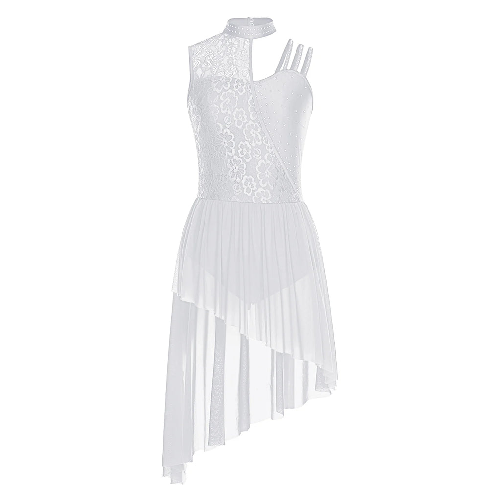 Women Modern Lyrical Dance Performance Costume Floral Lace Rhinestones Leotard Dress for Waltz Latin Cha-cha Ballet Skating