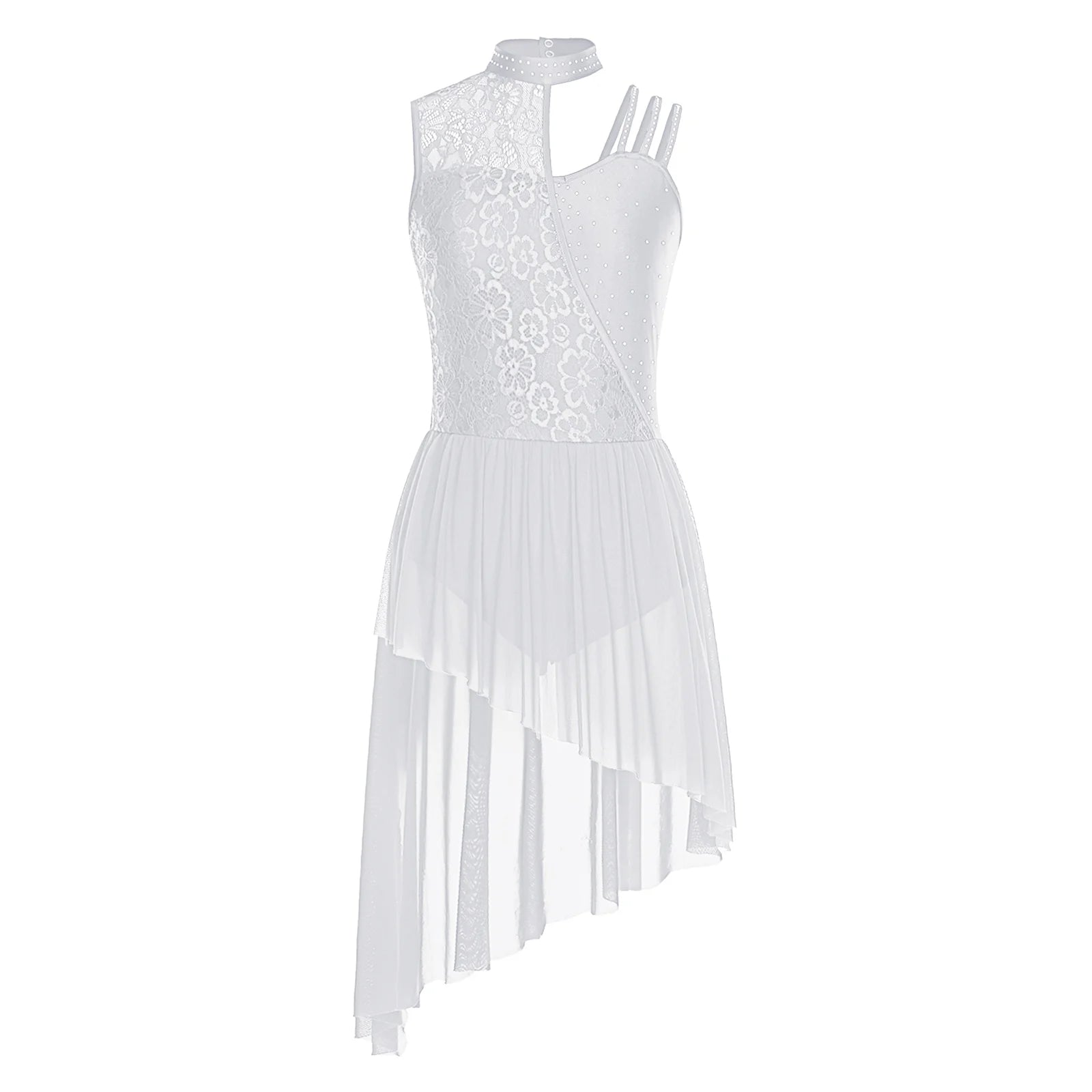 Women Modern Lyrical Dance Performance Costume Floral Lace Rhinestones Leotard Dress for Waltz Latin Cha-cha Ballet Skating