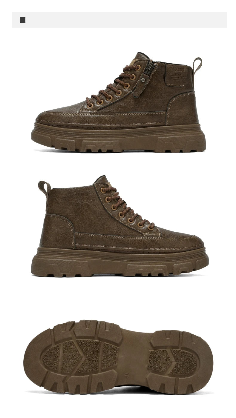 Men Boots Autumn Leather Waterproof Mid-top Sports Shoes New Fashion Ankle Boots Casual Outdoor Hiking Boots Shoes Male Sneakers