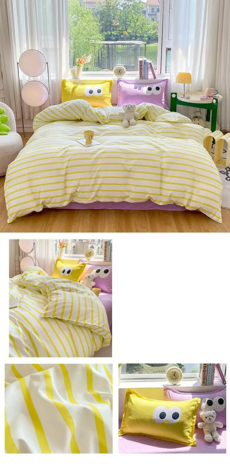 New Cartoon Striped Printed Bedding Sets Aloe Cotton Skin Friendly Breathable Comforter Cover Set Twin Double Size Bed Linens