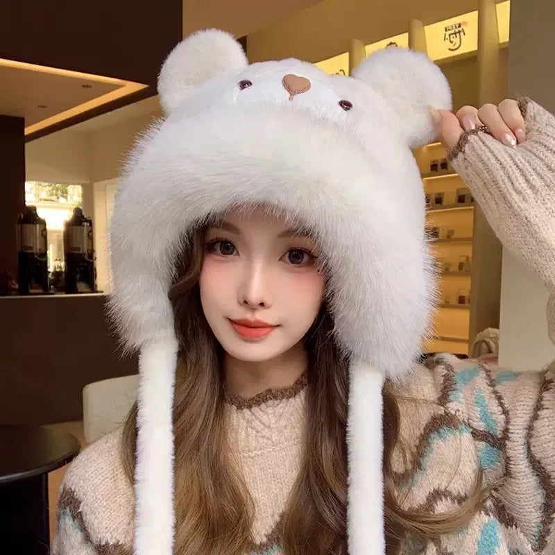 Cute Beanies Bear Ear Hat,Adorable Warm Plush Ear Protector Cap,Polyester Casual Elegant Knitted Head Caps for Autumn and Winter