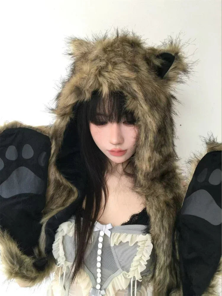 Japanese Kawaii Cute Fur Scarf Hat Winter Keep Warm Y2k Aesthetic Fashion Vintage Cap Bears Ears Women Hats Grunge Streetwear