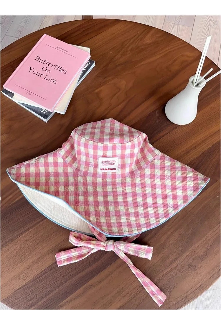 Women's Cute Hat Korean kawaii Checkered Fisherman's Hat Summer Sun Protection Shading Hat Big Head Double Basin Hat Funny Hat