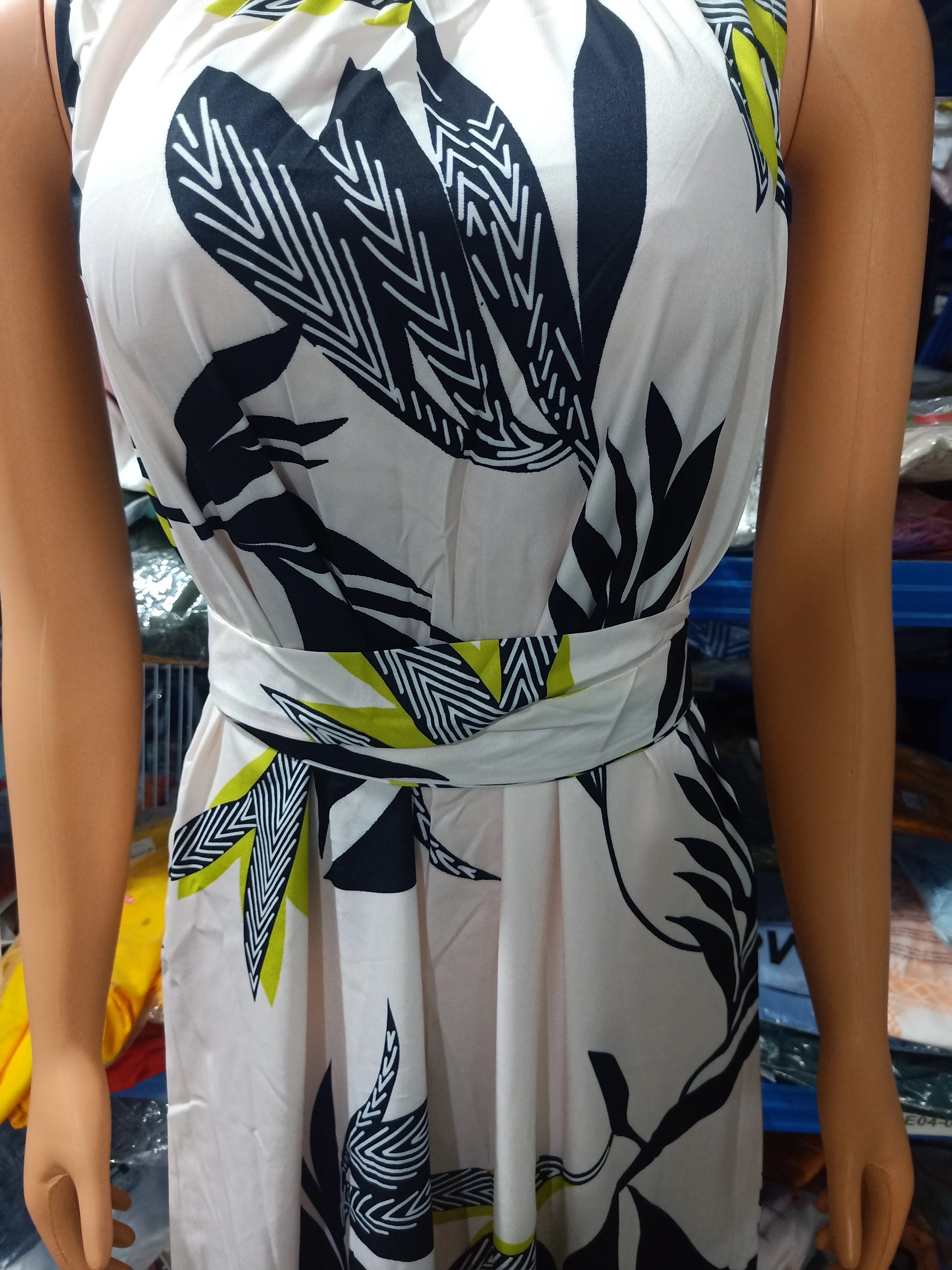 Dresses for Women 2023 Spring Fashion Leaf Print Sleeveless Casual O-Neck Maxi Daily Vacation Dress with Belt