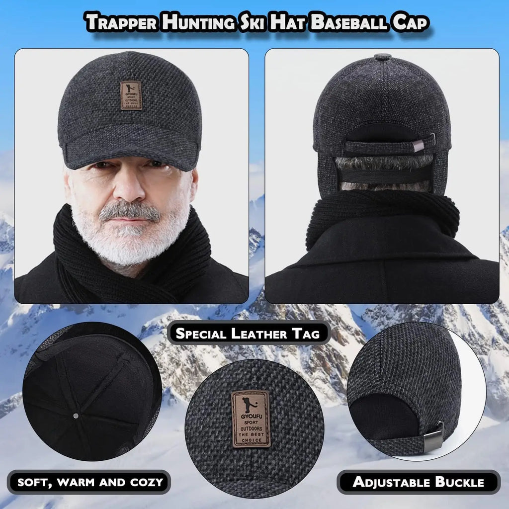 Men's Hat with Earmuffs, Baseball Cap, Warm, Cold Protection, Windproof, Size Adjustable, Cool, Casual, Work Camp, Climbing, Out