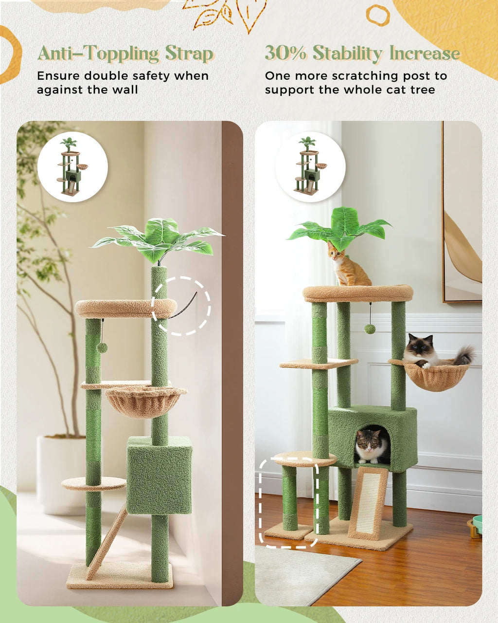 H135CM Cat Tree for Indoor with Sisal Scratching Posts Multi-Level Cat Tower with Spacious Condo Hammock Scraper for Kitten Toys