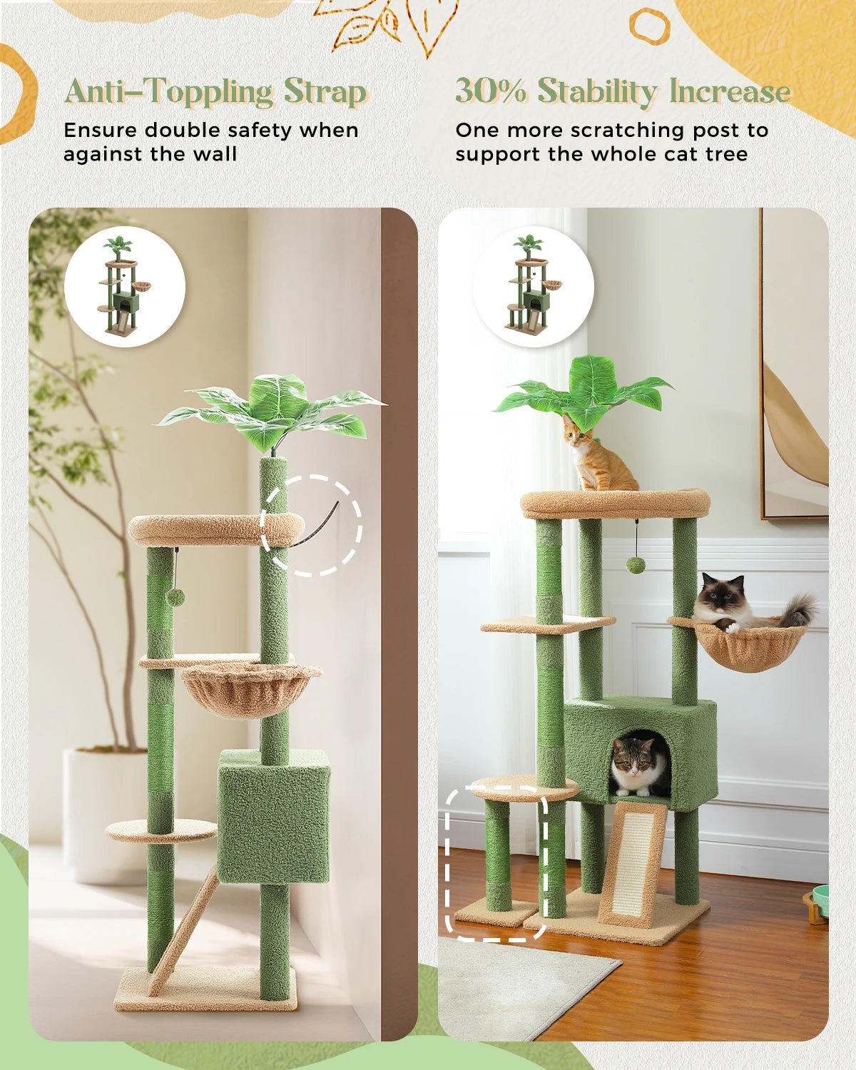 H135CM Cat Tree for Indoor with Sisal Scratching Posts Multi-Level Cat Tower with Spacious Condo Hammock Scraper for Kitten Toys