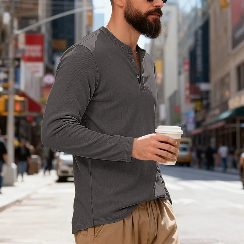 2025 NEW Men's Long Sleeve Henley Shirts Spring Autumn Daily Casual Solid Color Pullover Tops Mens Fashion T Shirt