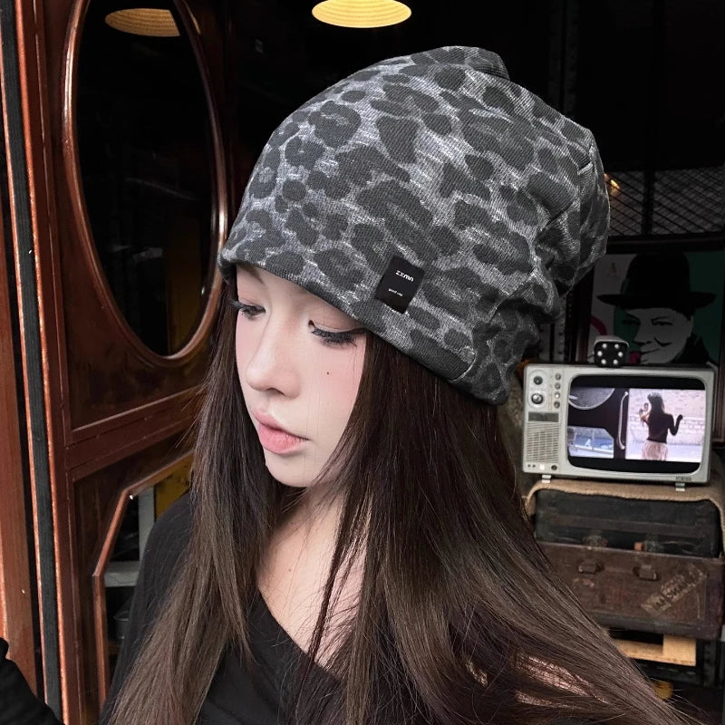 Y2K Retro Leopard Print Patch Beanies for Women Spring and Autumn Travel Casual Versatile Show Face Small Elegant Pullover Hat