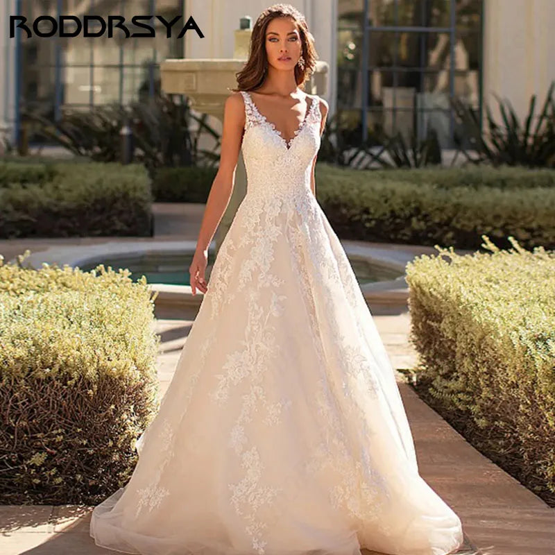 RODDRSYA Boho Wedding Dresses For Women Sexy V-Neck Sleeveless Bridal Gowns Elegant Romantic Lace Backless Vestido Novia Civil