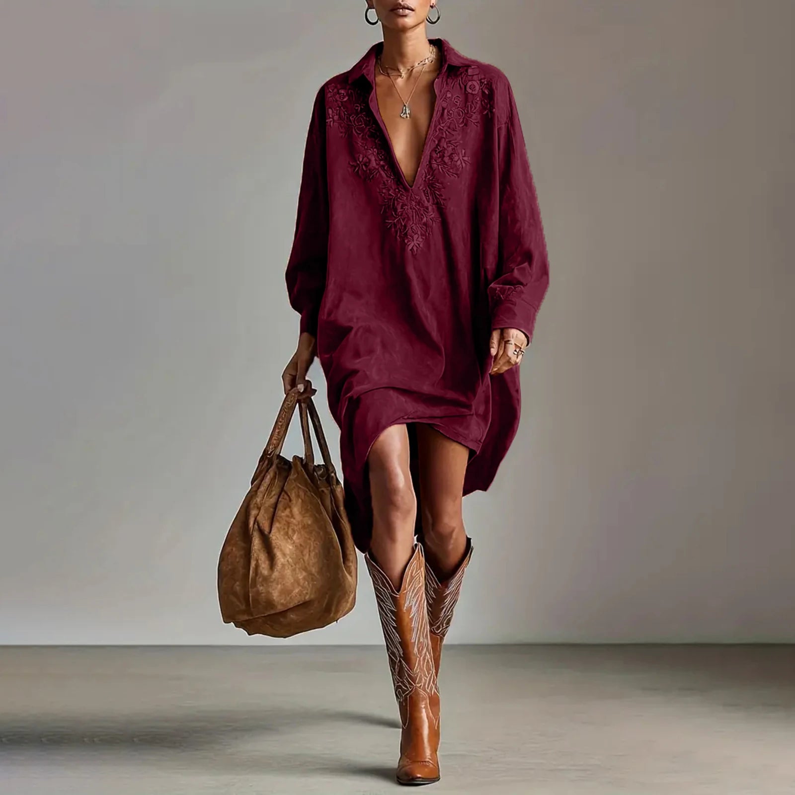 Dresses Womens Shirt Dress Terracotta Suede Embroidered High-Low Puff-Sleeve Bohemian Stylish Outfit Daily 2026 Trendy Vestido
