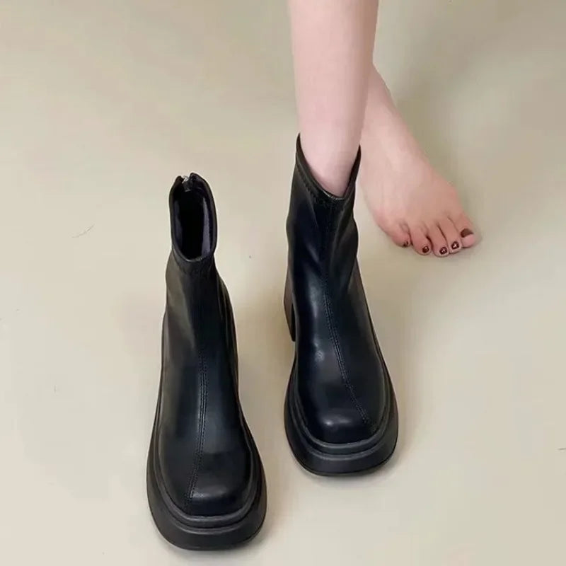 Booties Work Very High Heels Leather Female Short Shoes Combat Heeled Women's Ankle Boots Punk Style Boot Y2k Spring 2025 Autumn