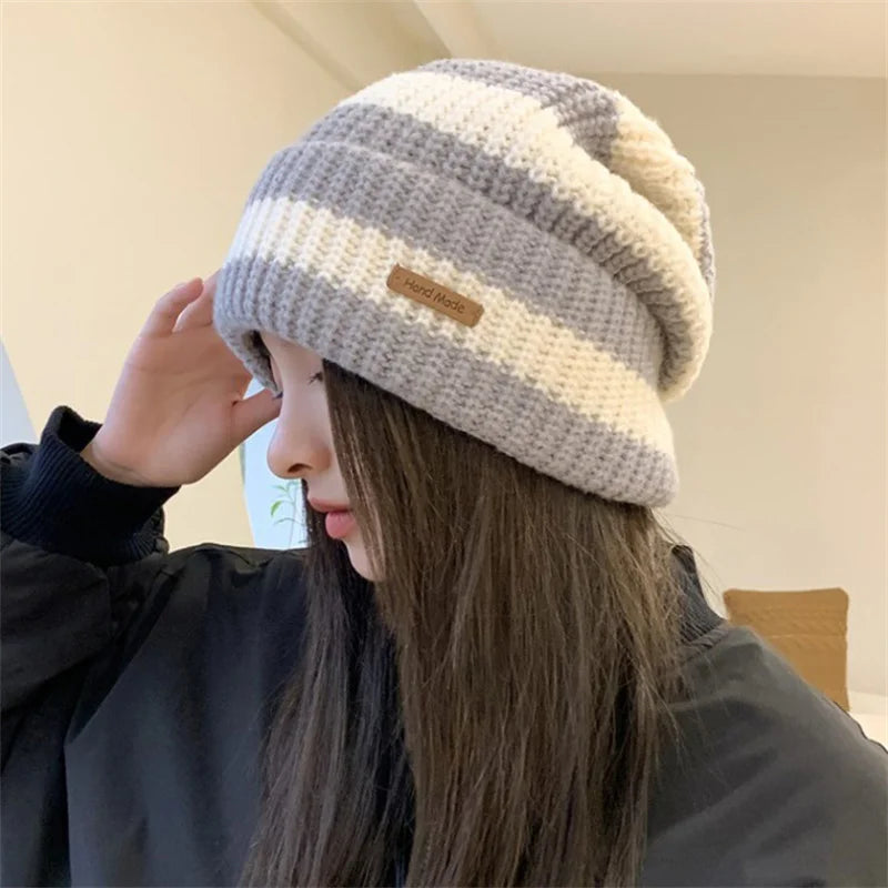 Winter Warm Hats For Women Casual Stacking Knitted Bonnet Caps Men Hats Stripe Hip Hop Unisex Female Beanies