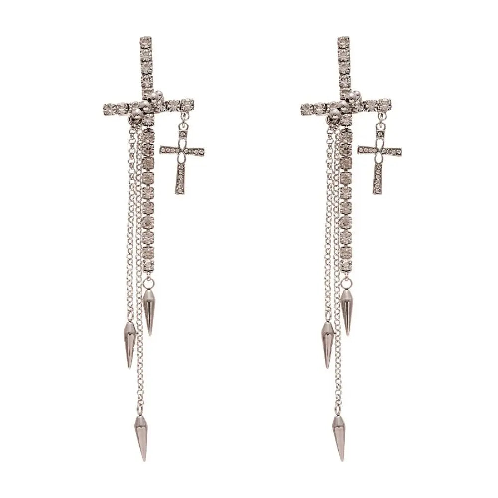 Inlaid Rhinestones Cross Earrings Exquisite Fashion Long Tassels Dangle Earrings Exaggerate Temperament Ear Stud Bridal