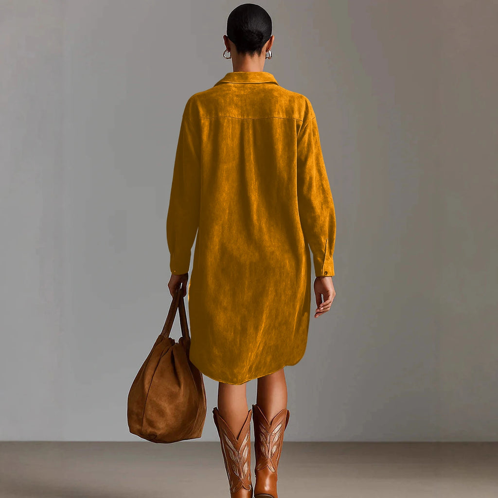 Dresses Womens Shirt Dress Terracotta Suede Embroidered High-Low Puff-Sleeve Bohemian Stylish Outfit Daily 2026 Trendy Vestido