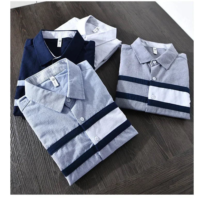 Japanese Fashion Mens Long Sleeve Shirts Spring Summer Daily Casual Pure Cotton Shirt Oxford Striped Patchwork Shirt Youth Tops