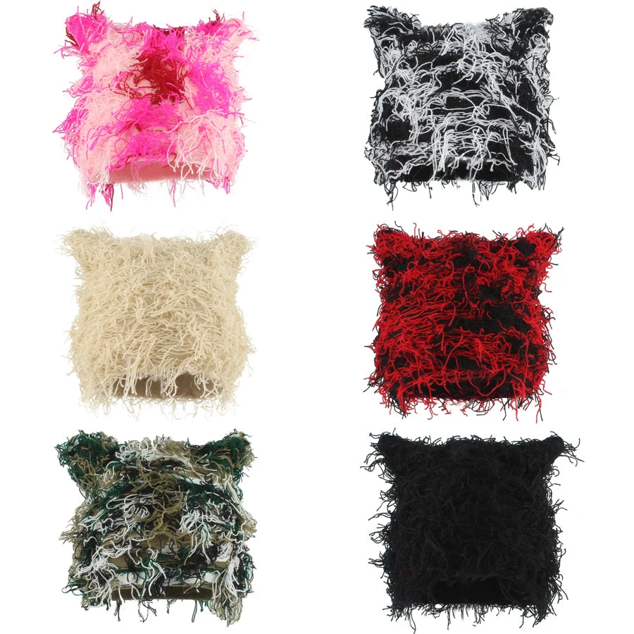 Autumn Winter Hats For Women Cute Cat Ears Knitted Hat Unisex Fashion Street Punk Hip Hop Caps Balaclava Black Pink Skullies Bea