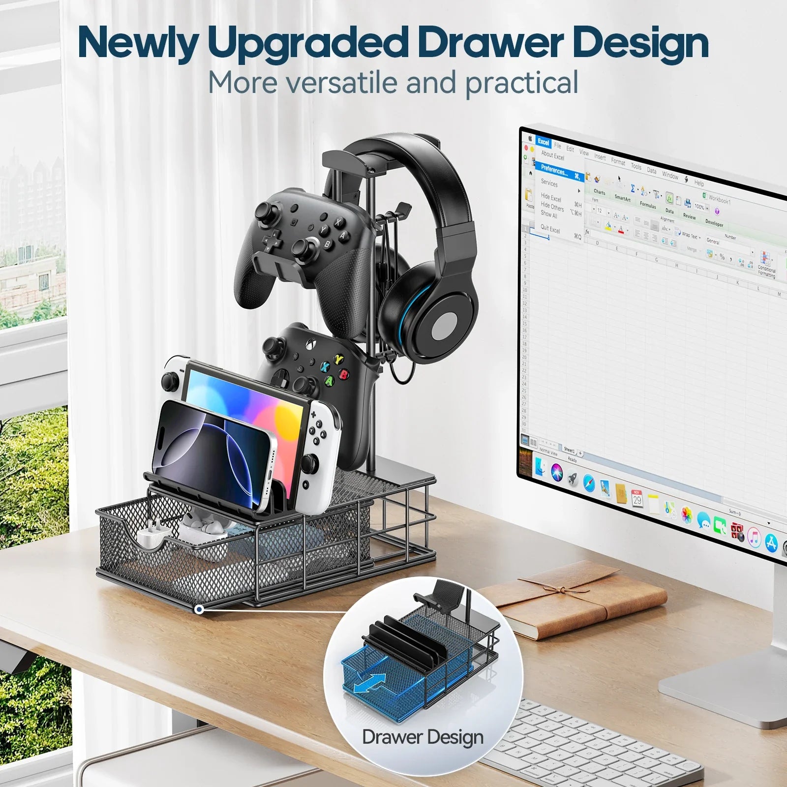 Headphone Stand with Drawer Headset & Controller Holder for Desk Earphone Stand Organizer Universal Gaming PC Accessories Storag