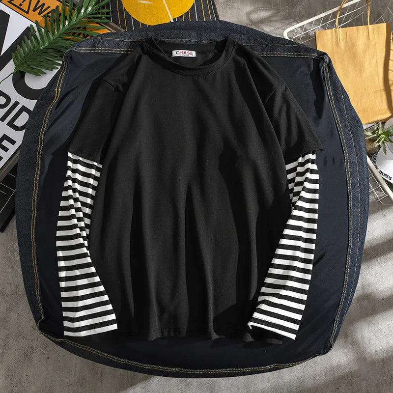 Long Sleeves Shirt Men's Loose Undershirts Striped Patchwork Sweatshirt O Neck Pullover Mens Casual Tops Harajuku Streetwear