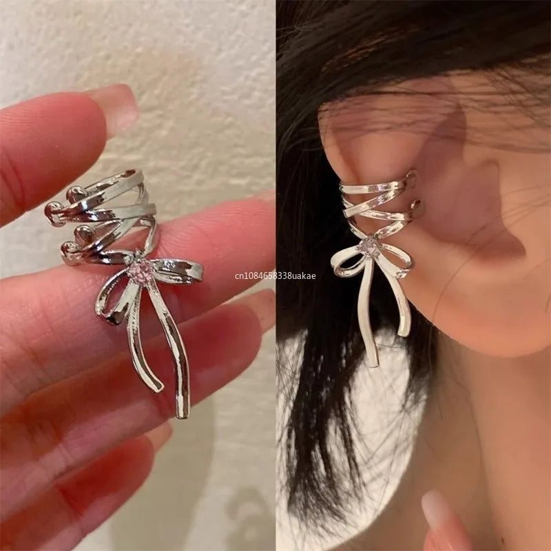 New Elegant Aesthetics Bow Knot Clip Earrings Women Non-Piercing Ear Clips Ballet Ribbon Style Ear Cuff Fashion Earrings Jewelry