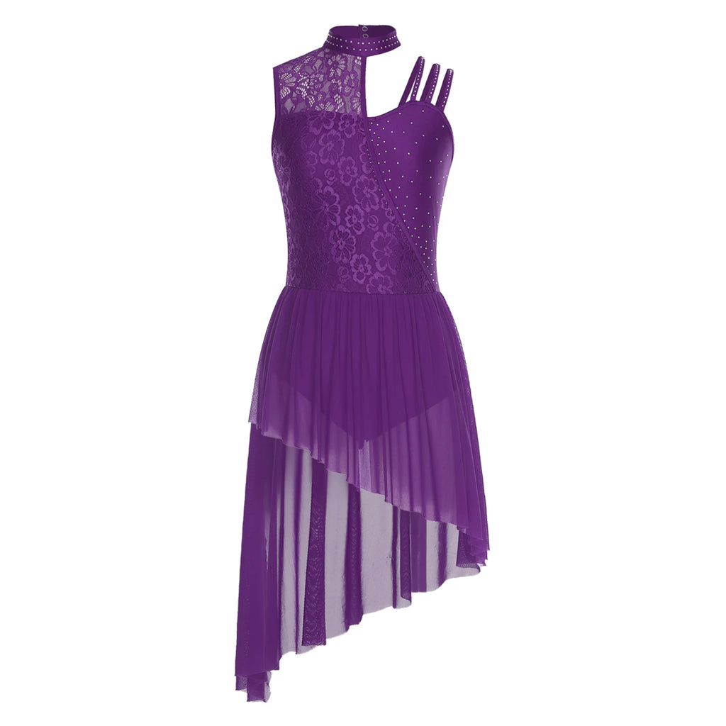 Women Modern Lyrical Dance Performance Costume Floral Lace Rhinestones Leotard Dress for Waltz Latin Cha-cha Ballet Skating