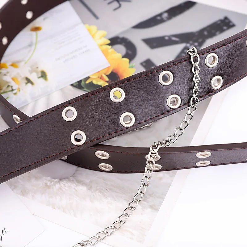 Women Double Ring Belts Double Hole Eyelet Grommet Leather Buckle Punk Pin Belt Leisure Dress Jeans Gothic Waistband
