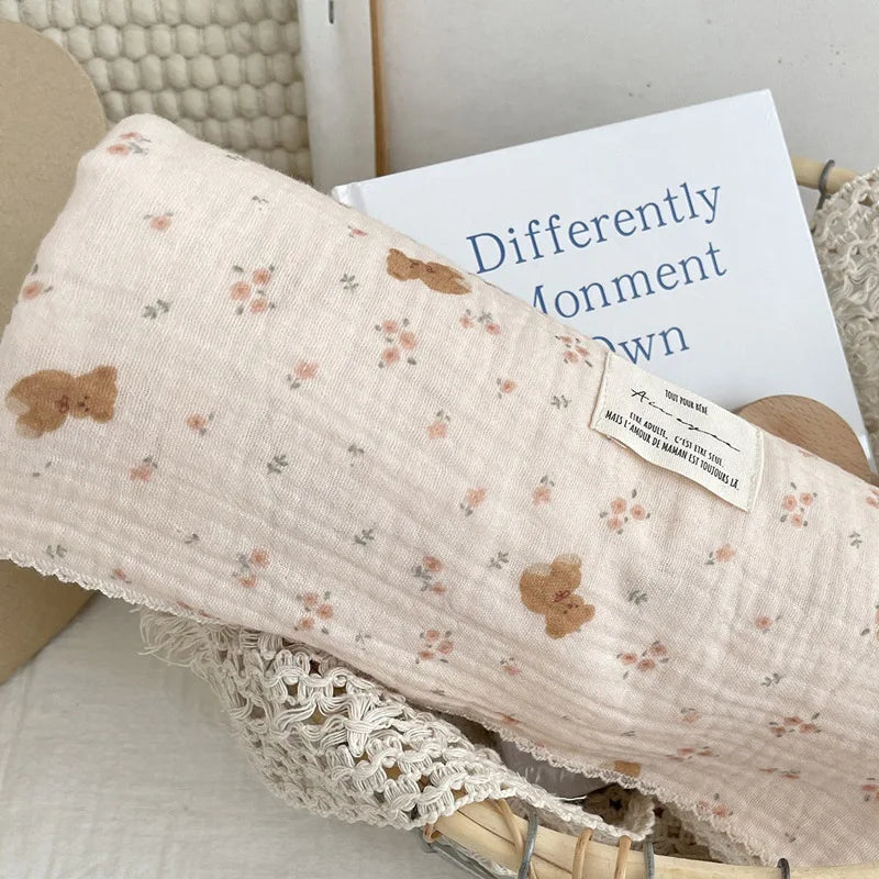 2-3 Layers Baby Blankets Bear Dots Print Cotton Gauze Muslin Swaddle Wrap Newborn Infant Bedding Sleeping Receving Blanket
