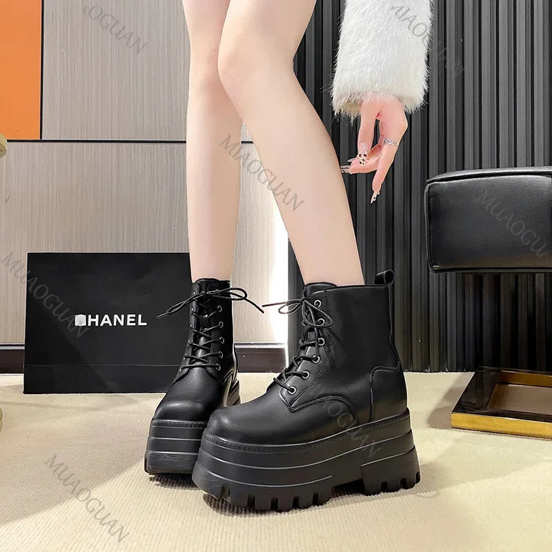 2025 Short Boots for Women Thick Bottom Casual Black White Ankle Boots Spring Autumn Platform Women Shoe 12cm High Heels Botines