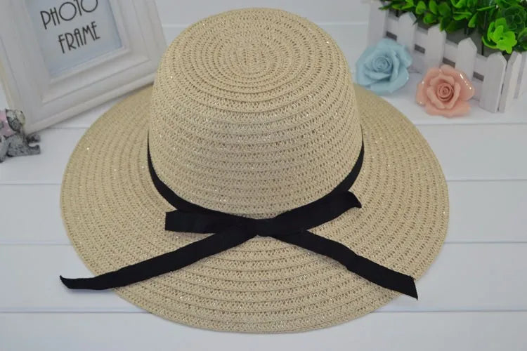 Straw Hat Summer Hats for Women Chapeau Femme for Beach Solid Beige Khaki with Bowknot