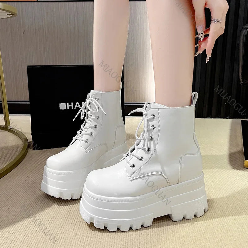 2025 Short Boots for Women Thick Bottom Casual Black White Ankle Boots Spring Autumn Platform Women Shoe 12cm High Heels Botines