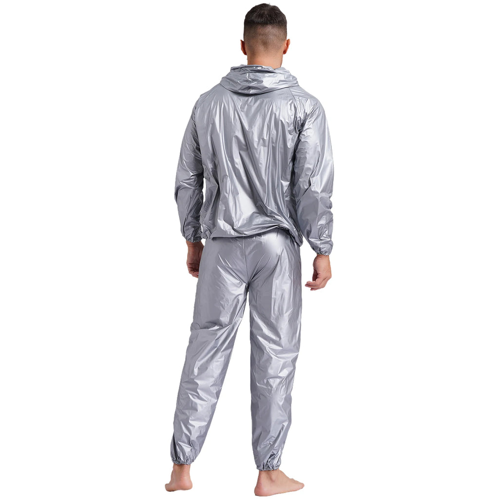 Mens Sports Outfits Sauna Sweat Sets Long Sleeve Hooded Jacket Outerwear and Long Pants PVC Sweating Suit for Gym Workout Yoga
