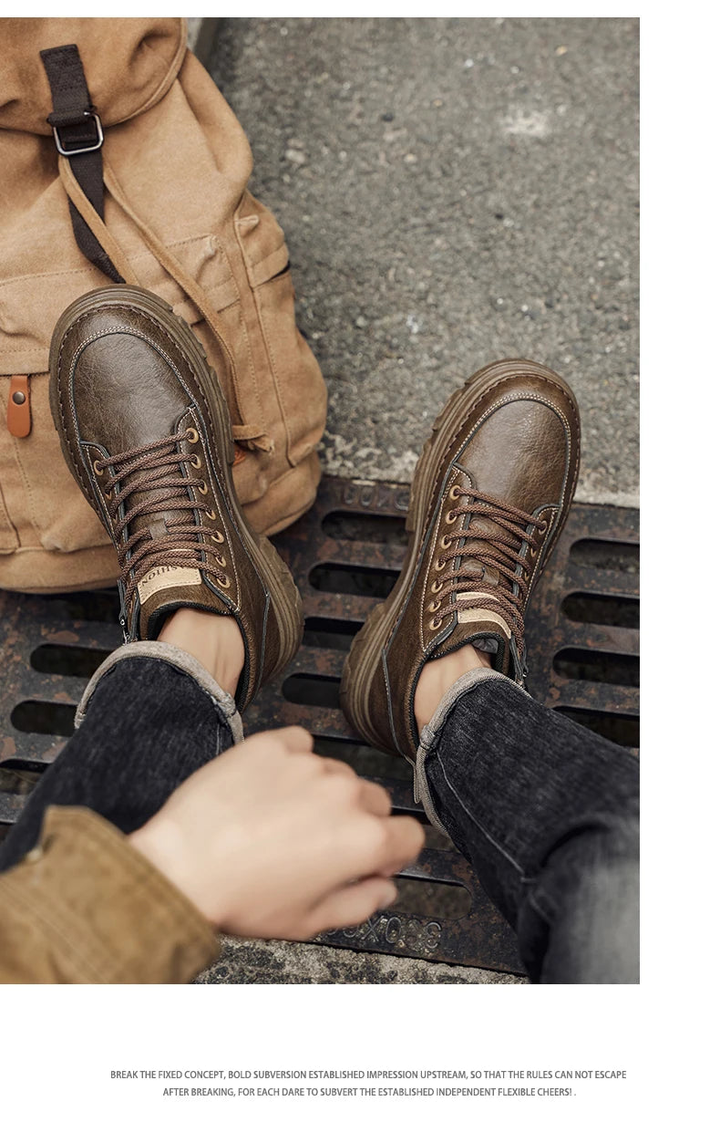 Men Boots Autumn Leather Waterproof Mid-top Sports Shoes New Fashion Ankle Boots Casual Outdoor Hiking Boots Shoes Male Sneakers
