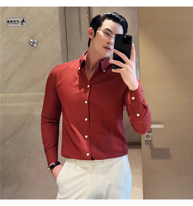 Long Sleeves Shirts for Men Light Thin Fashion Fold Process Wine Red Solid Casual Shirt Men Social Dress Shirt Slim Fit Tuxedo