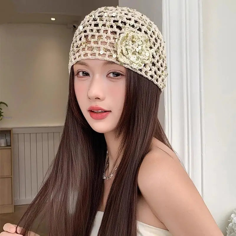 Vintage Chic Sequined Floral Cutout Beanie Ladies Spring Fall Leisure Travel Picturesque All-Around Casual Y2K Knit Beanies